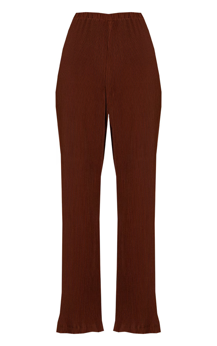 Chocolate Brown Plisse High Waisted Wide Leg Pants