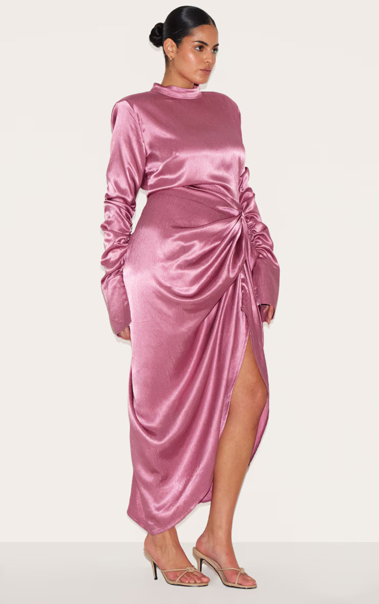 Plus Deep Rose High Neck Ruching Detail Satin Midi Dress