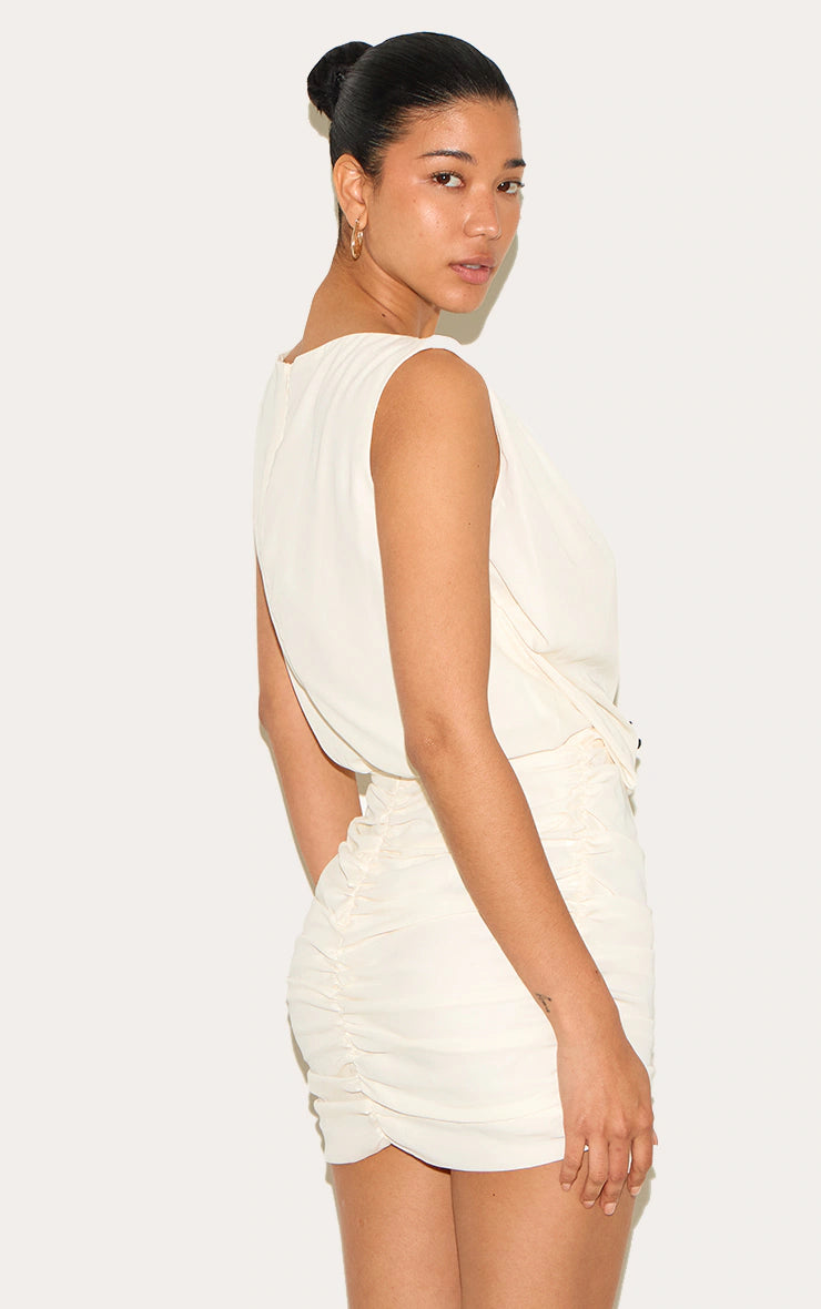 White Soft Touch Ruched High Neck Mini Dress