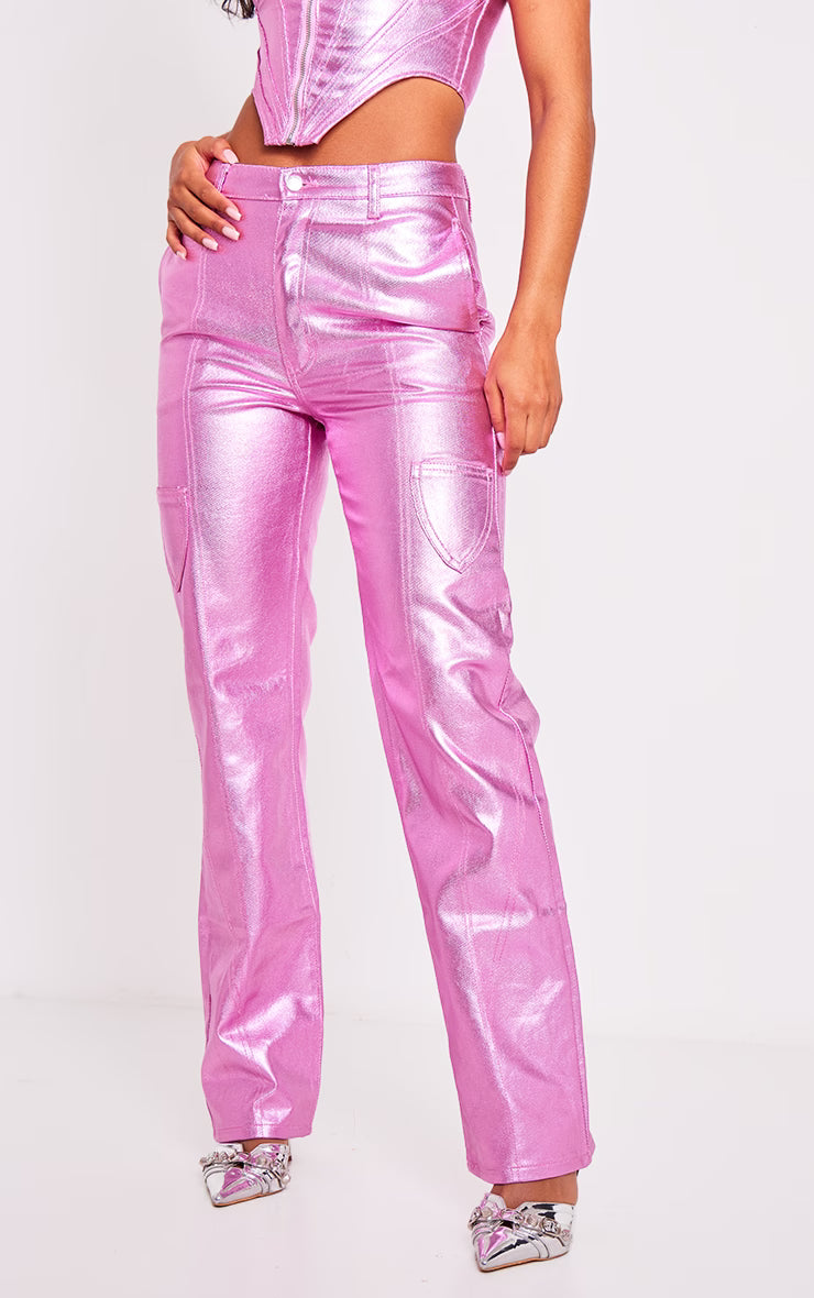 Pink Metallic Denim Stitch Detail Straight Leg Jeans