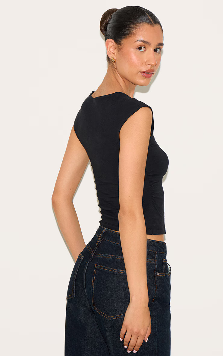 Tall Black Soft Cotton Ruched Side Sleeveless Top