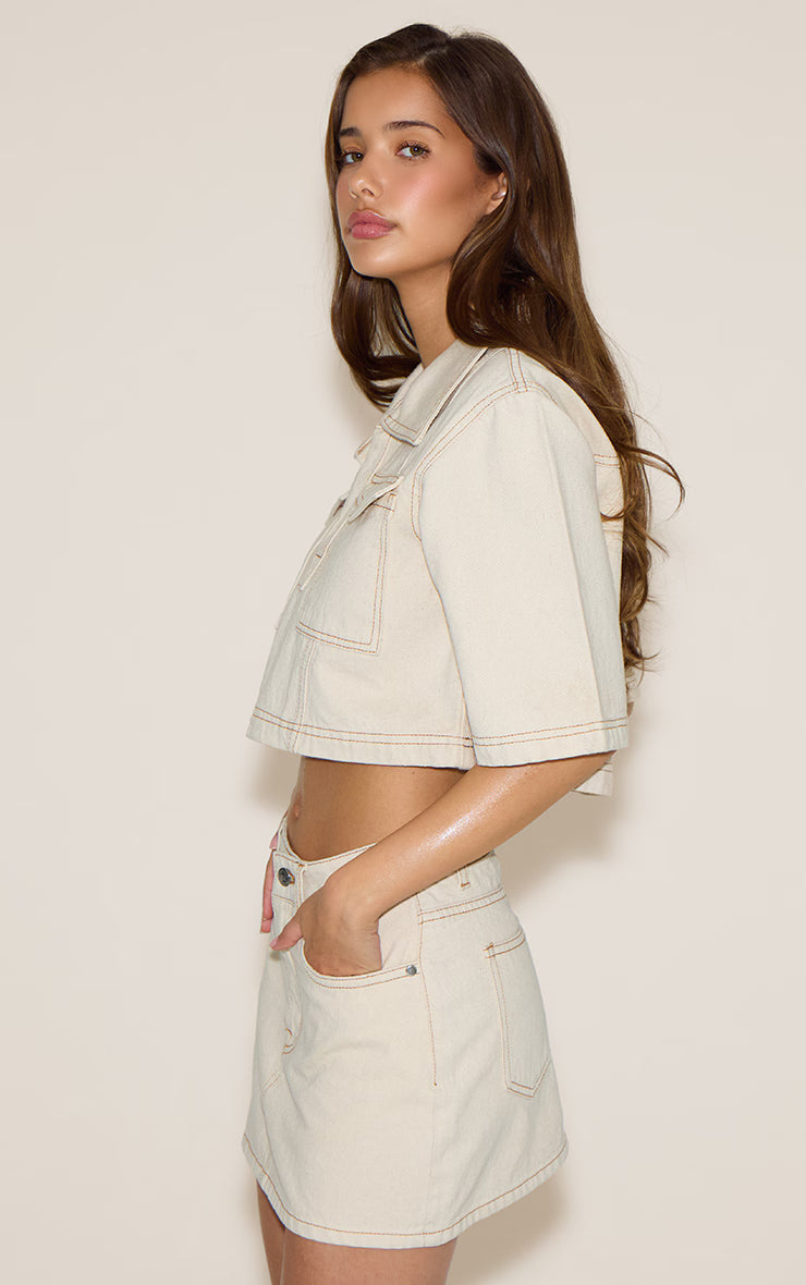 Ecru Contrast Stitch Denim Mini Skirt