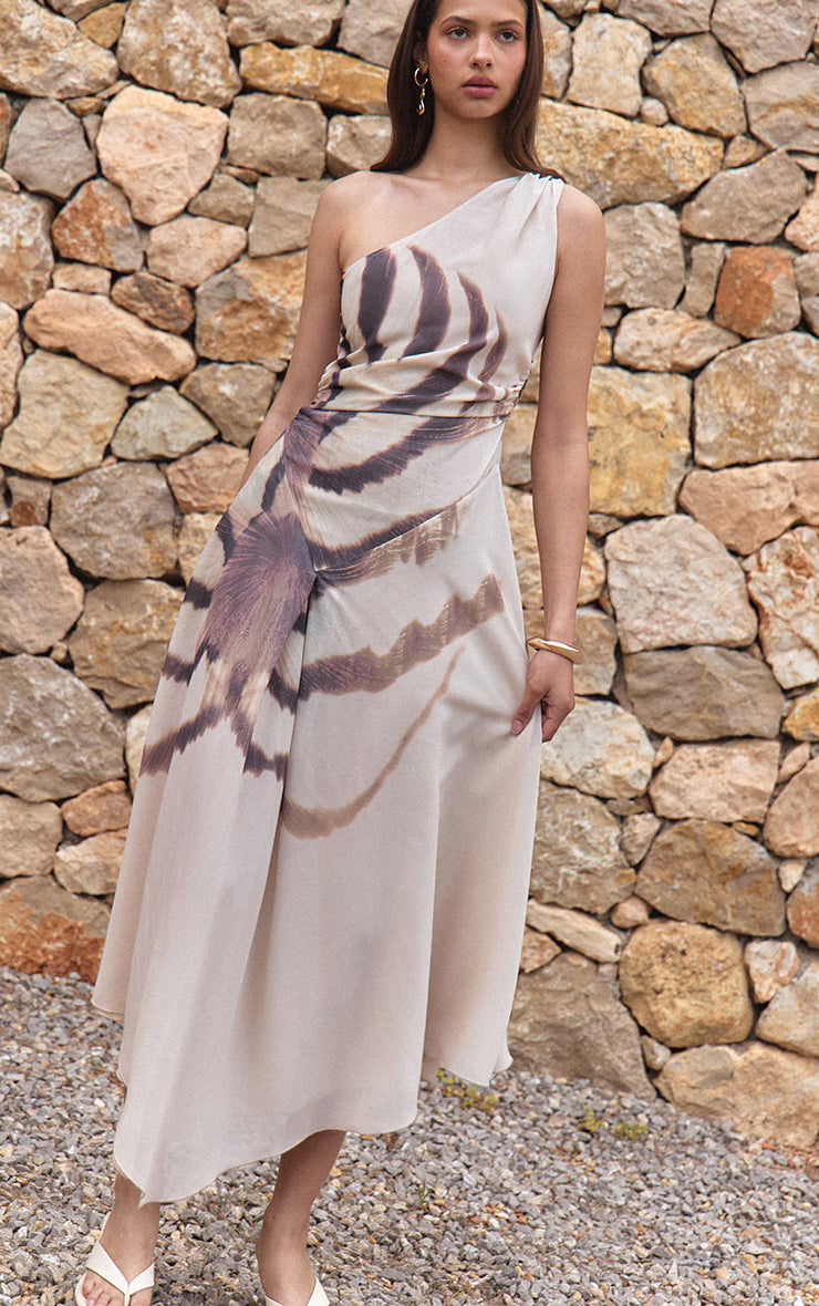 Almond Printed Chiffon One Shoulder Maxi Dress
