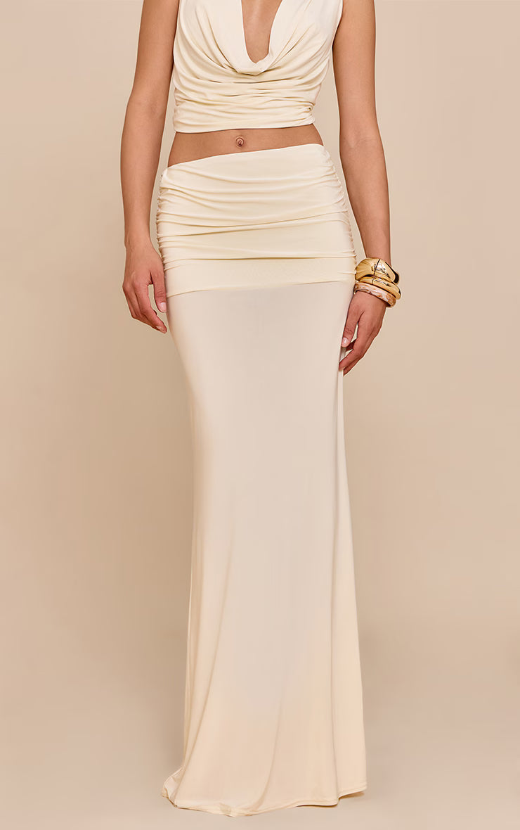 Almond Double Layer Slinky Ruched Waist Maxi Skirt