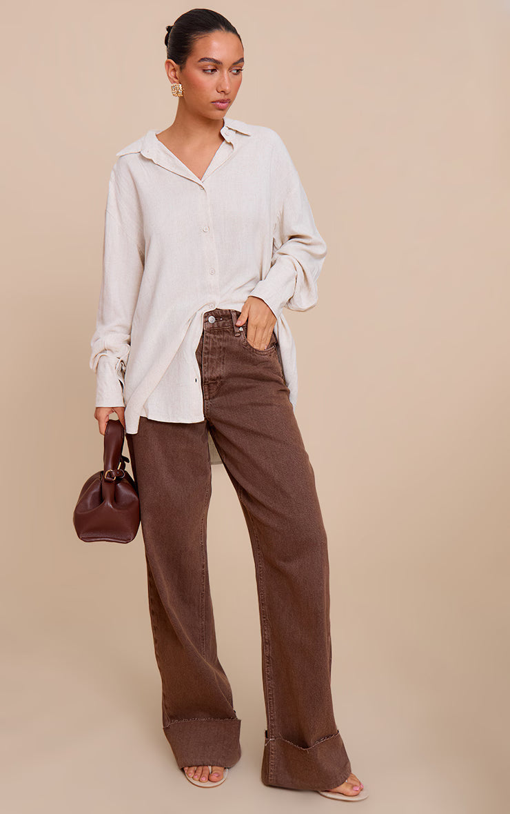 Beige Linen Look Boxy Oversized Shirt