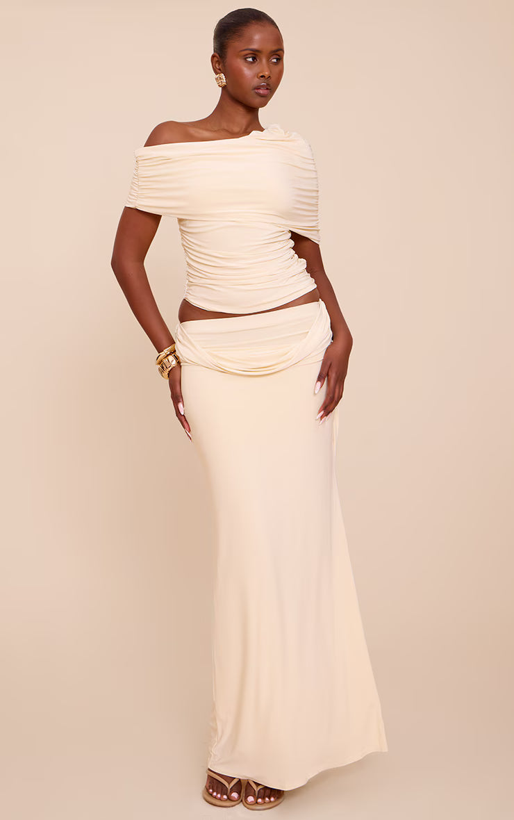 Cream Double Layer Slinky Ruched Bardot Long Top