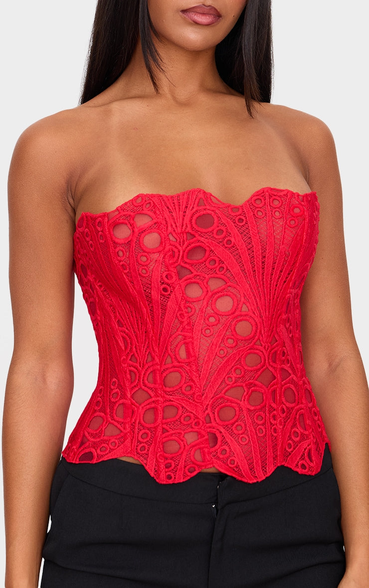Red Textured Sheer Floral Lace Corset