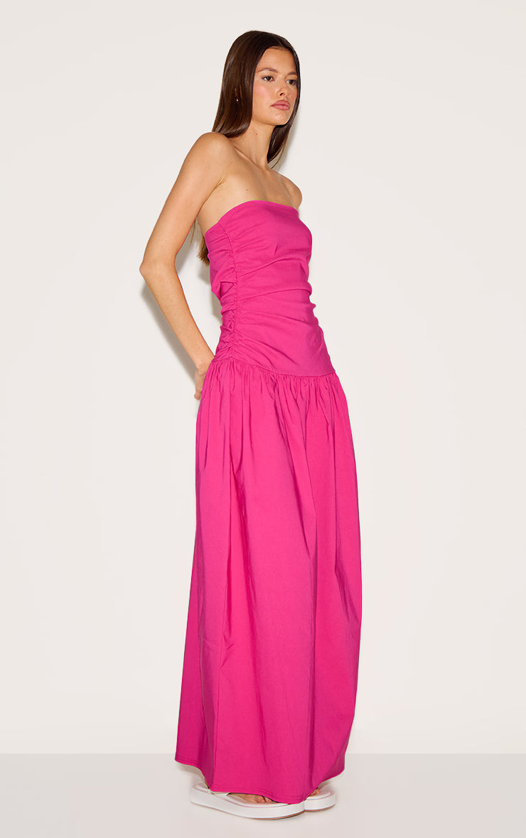 Fuchsia Stretch Woven Bandeau Ruched Maxi Dress
