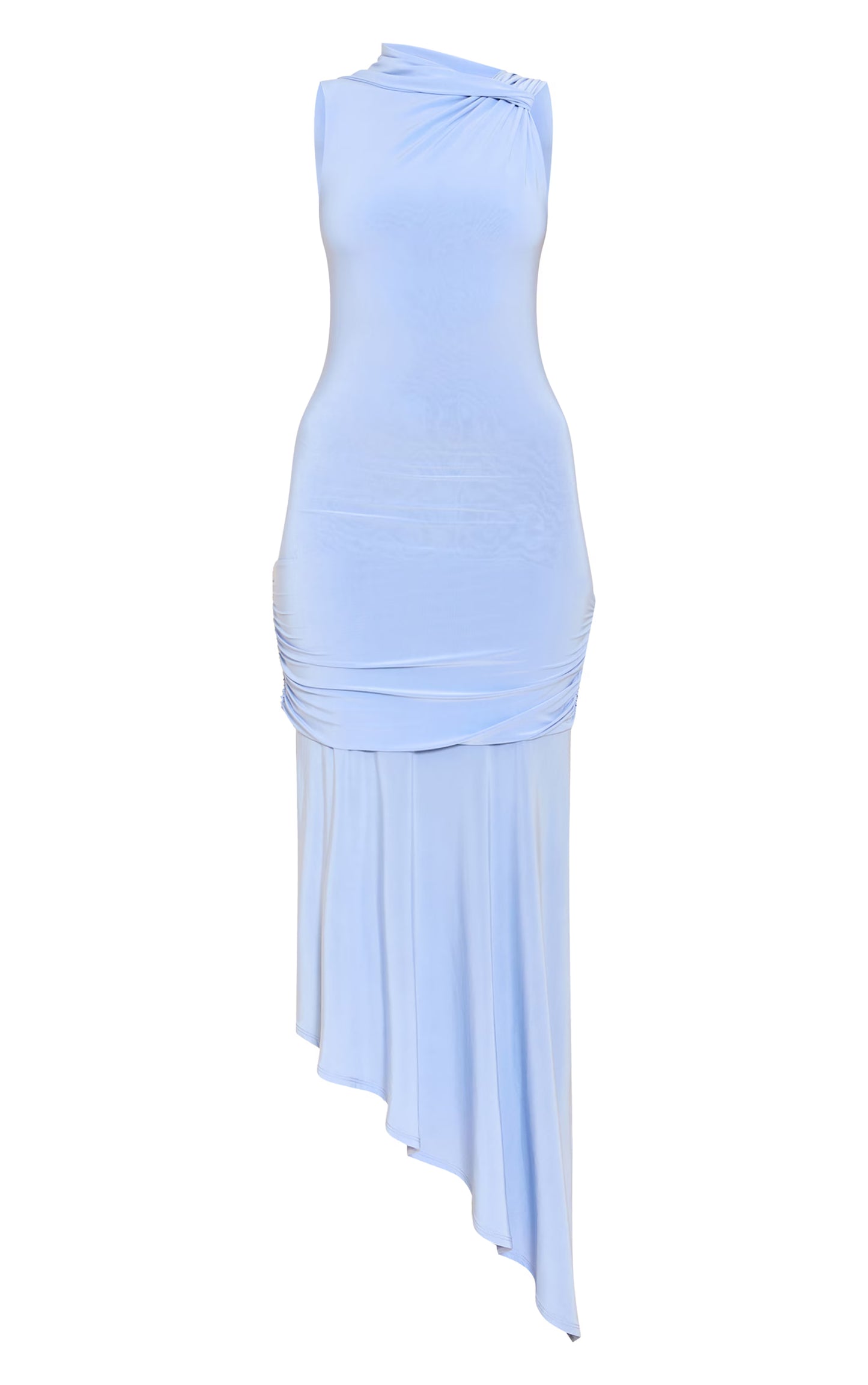 Pale Blue Double Layer Slinky Asymmetrical Ruched Midaxi Dress