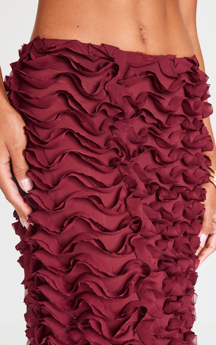 Burgundy Chiffon Ruffle Low Rise Maxi Skirt