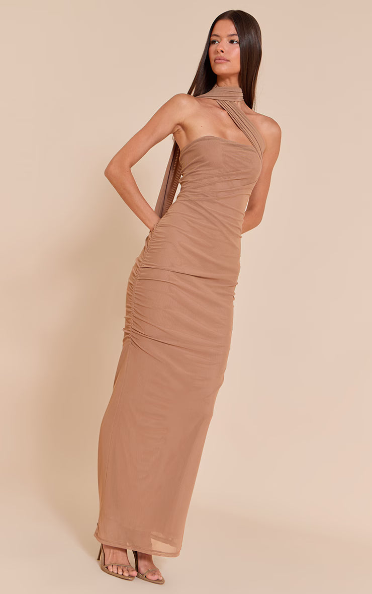 Taupe Mesh Over Lay Scarf Detail Maxi Dress