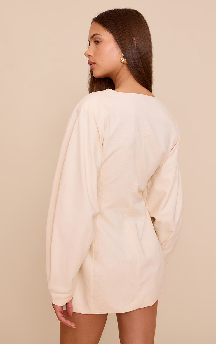 Natural Woven Balloon Sleeve Collarless Blazer Dress