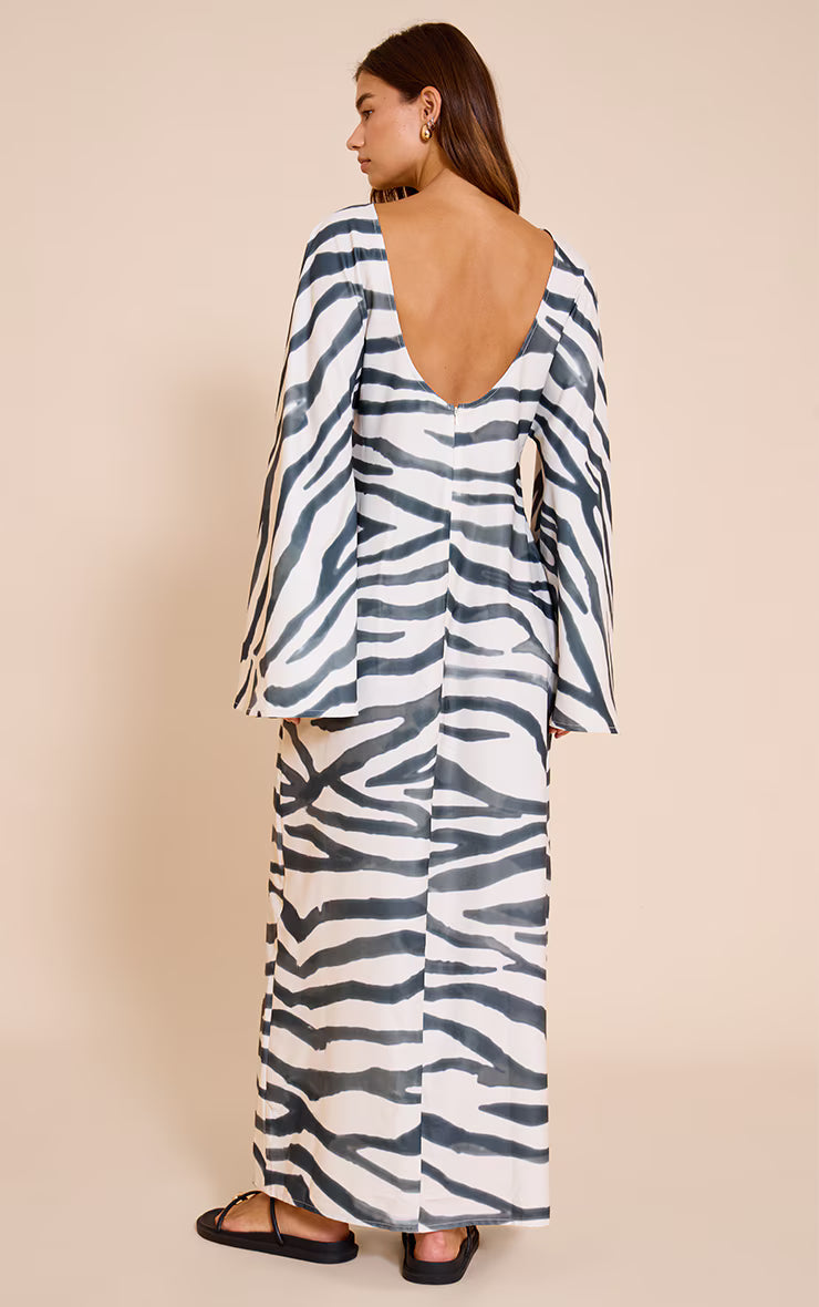 Zebra Print Floaty Woven Flared Sleeve Maxi Dress