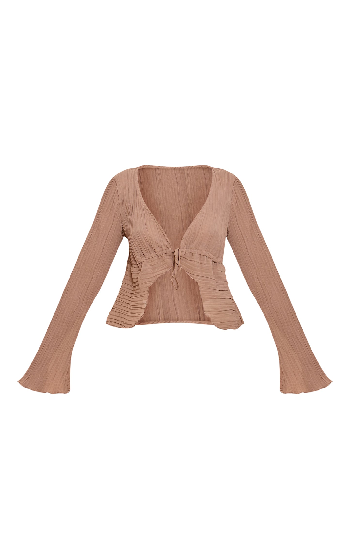Mushroom Sheer Plisse Tie Front Flute Sleeve Blouse