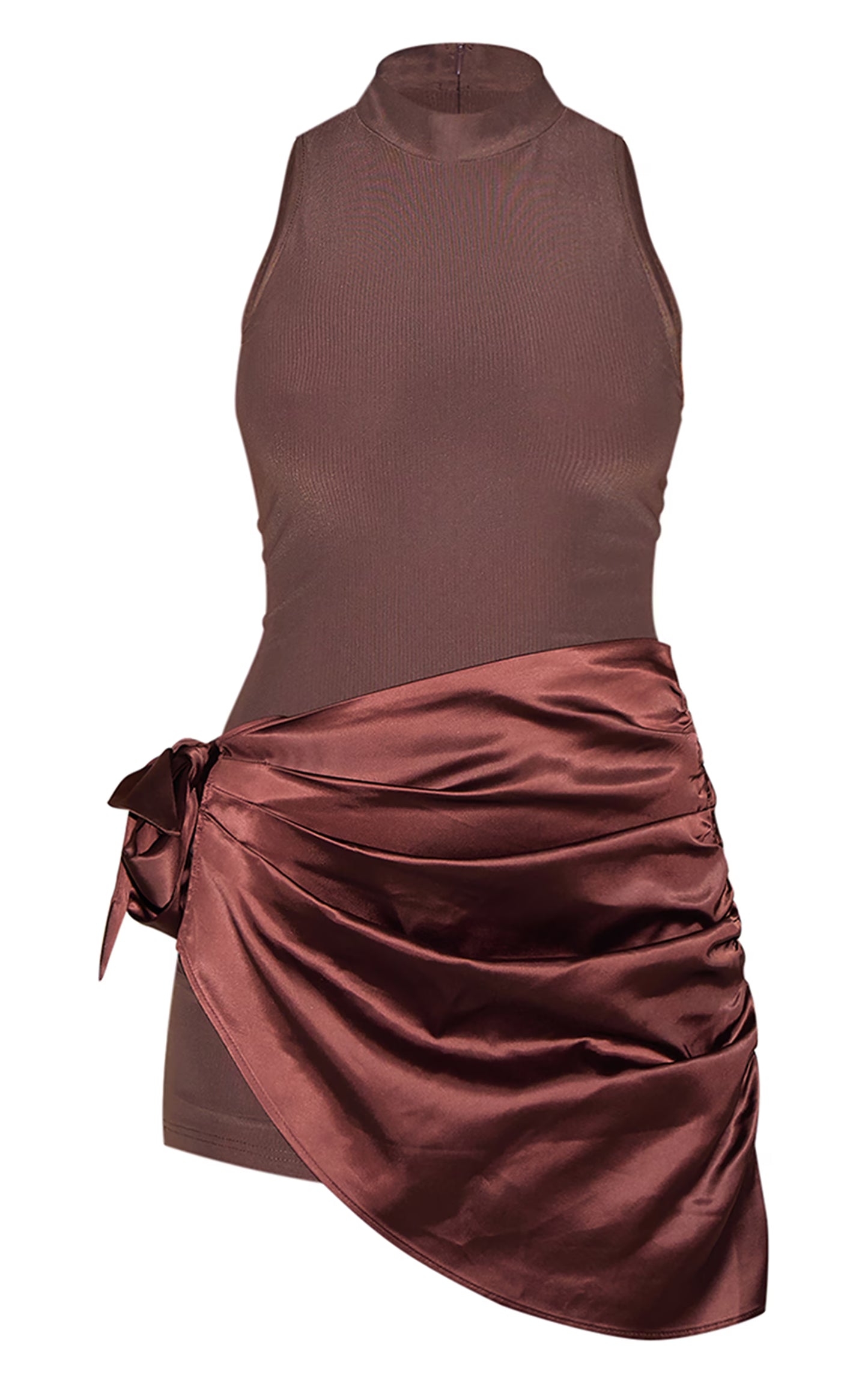 Chocolate Woven High Neck Satin Drape Mini Dress