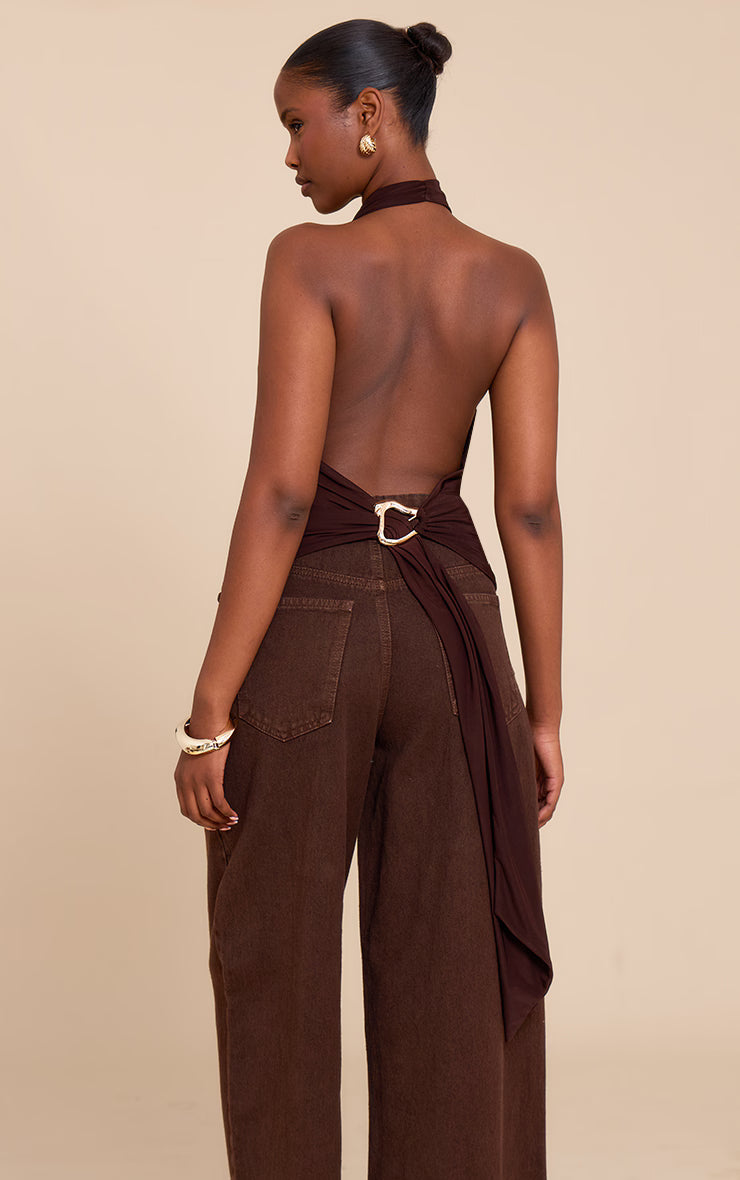 Chocolate Double Layer Slinky Backless Trim Detail Long Top