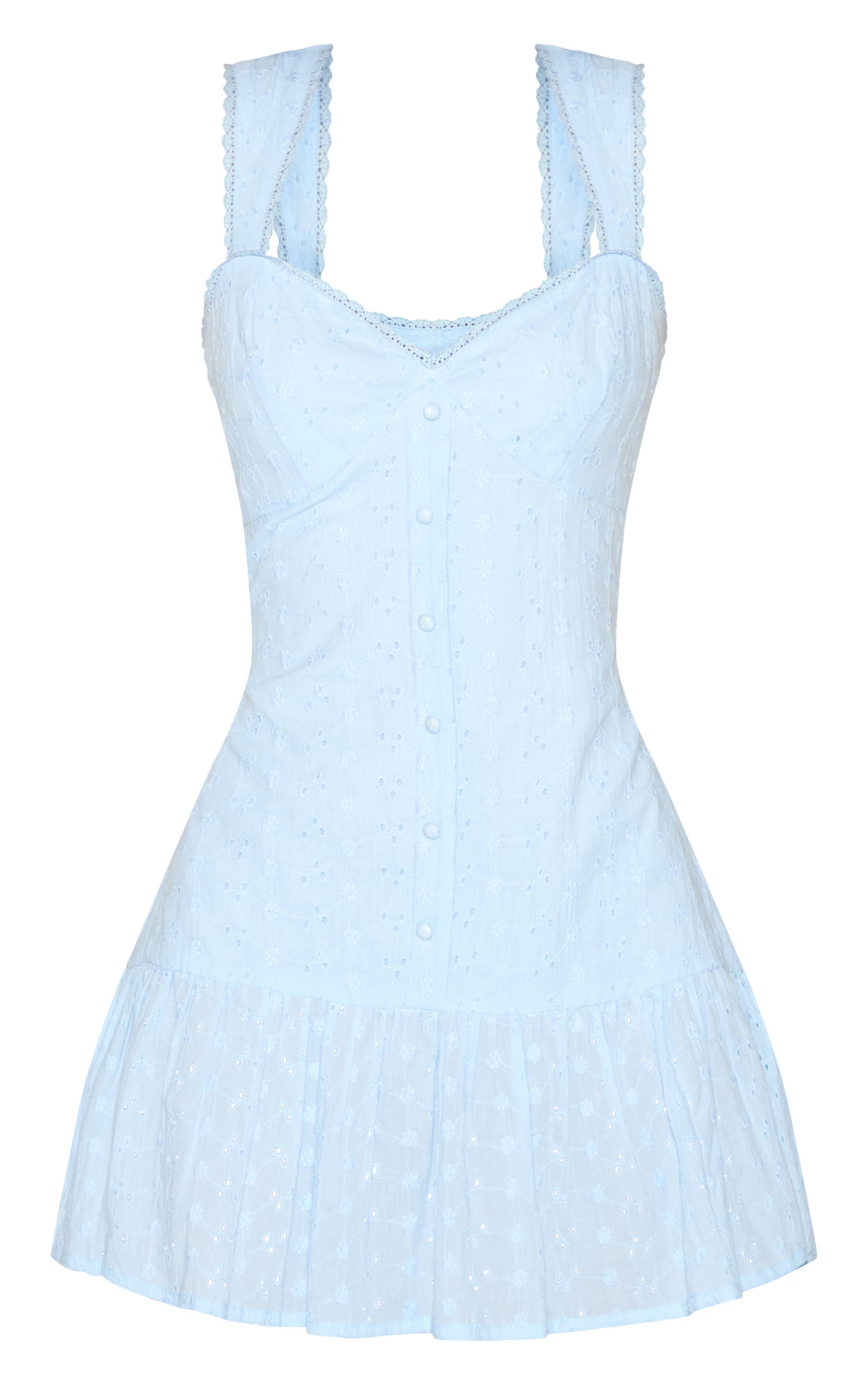 Pale Blue Embroidered Button Down Sleeveless Shift Dress
