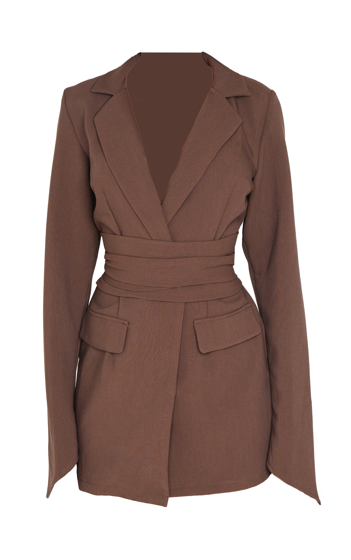 Chocolate Woven Wrap Belted Blazer Dress