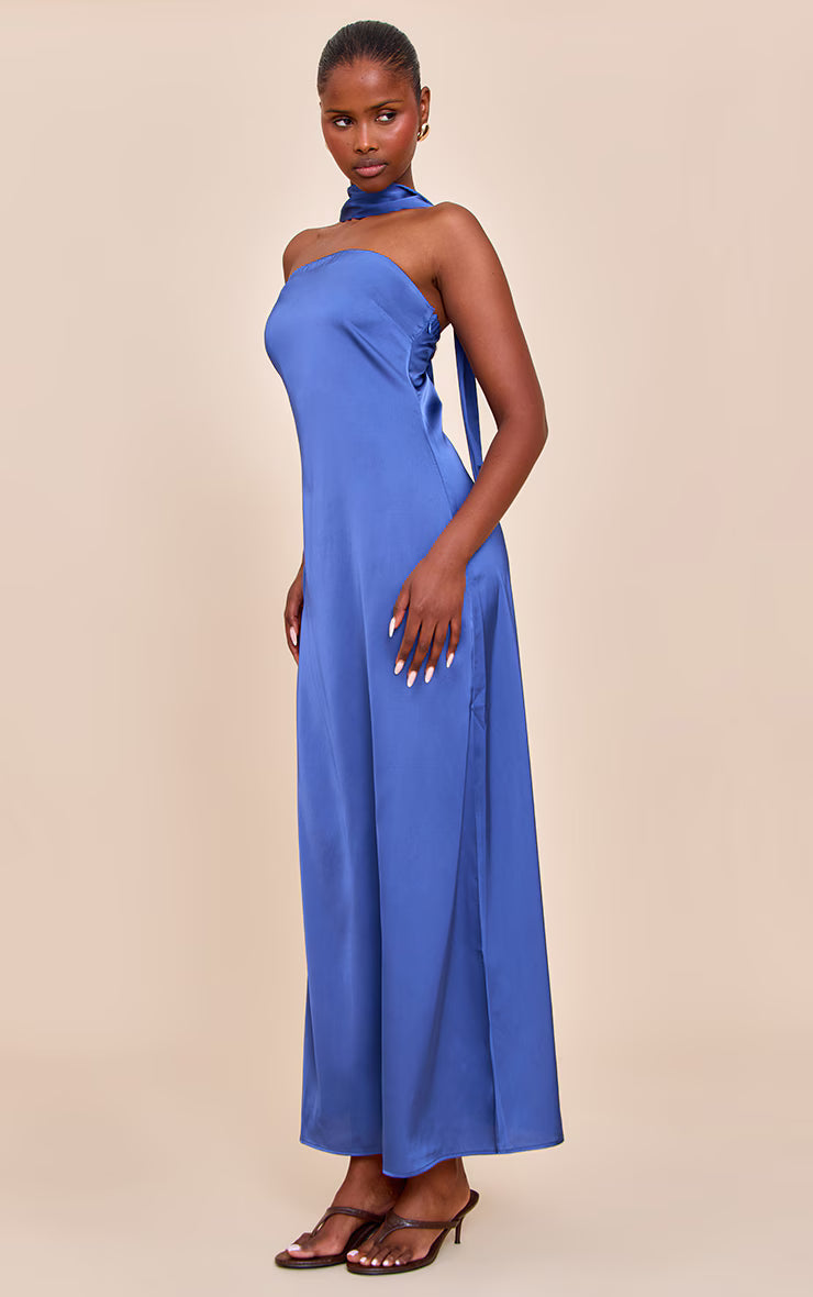Navy Satin Bandeau Scarf Detail Maxi Dress