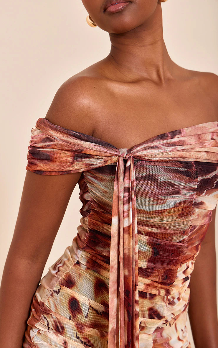 Beige Abstract Print Lined Mesh Bardot Mini Dress