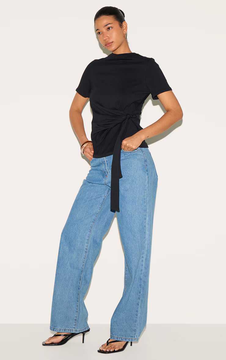 Black Cotton Tie Detail Oversized T Shirt