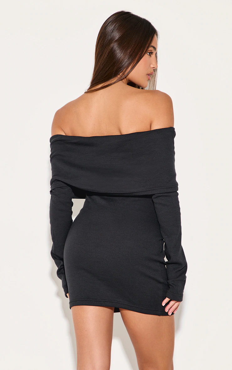 Black Rib Fold Over Bardot Button Mini Dress