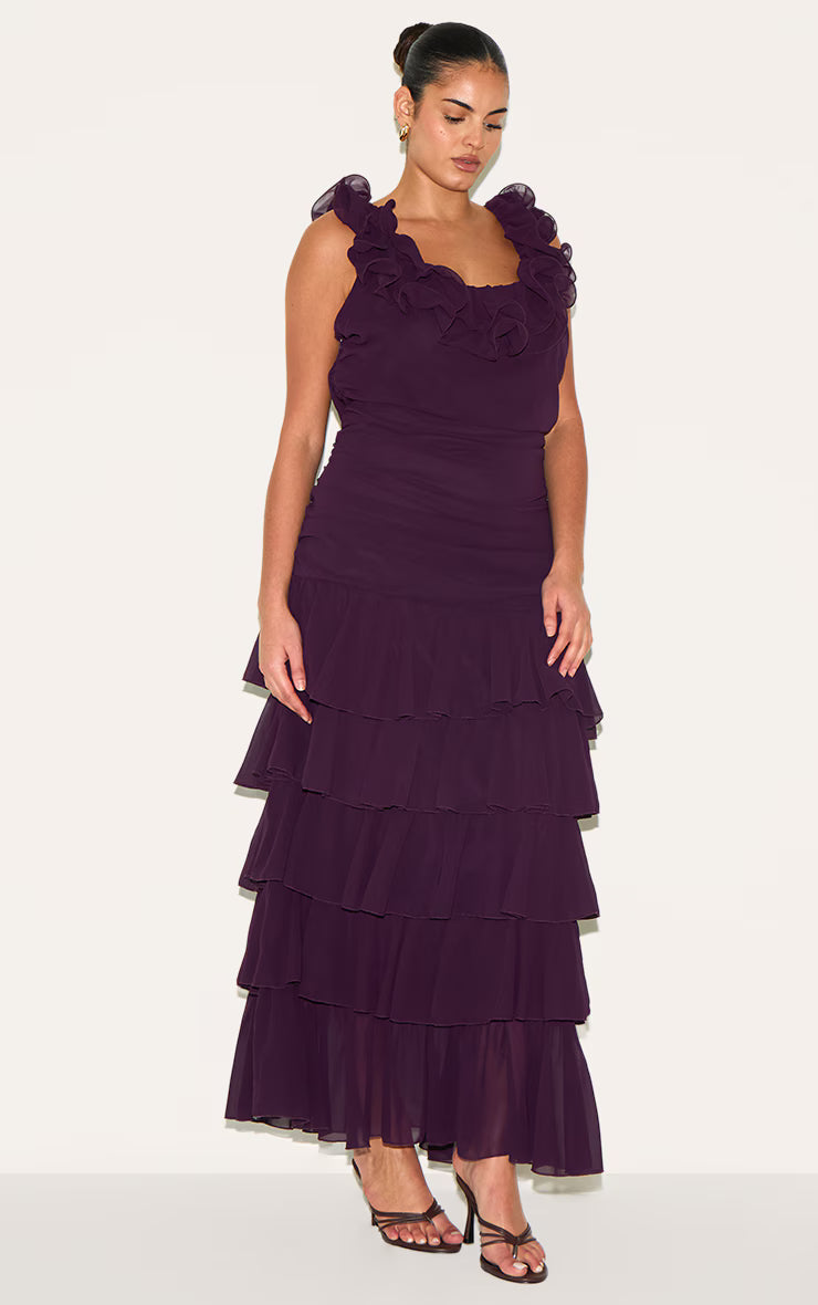 Plus Wine Chiffon Ruched Ruffle Maxi Dress