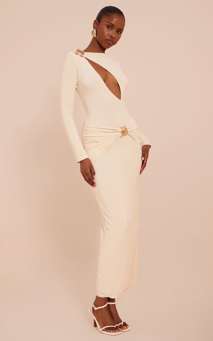 Cream Double Layer Slinky Cut Out Trim Detail Maxi Dress