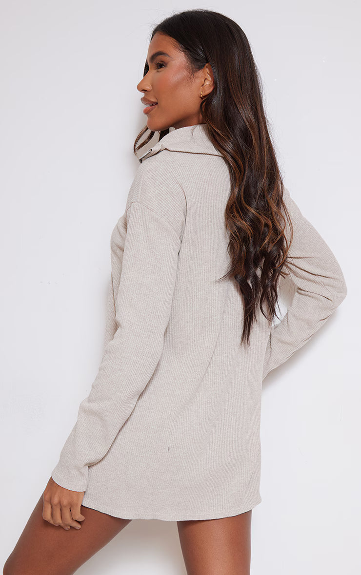 Sand Rib High Neck Half Zip Oversized Sweater Dress