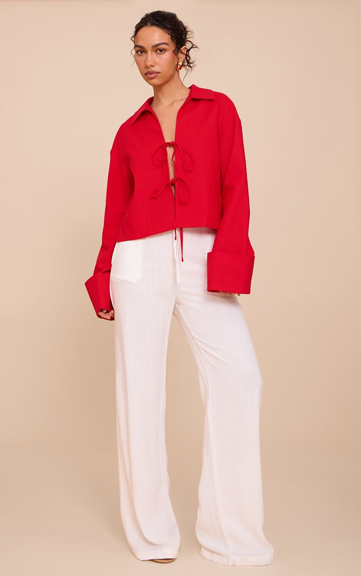 Tomato Tie Front Linen Look Collar Blazer