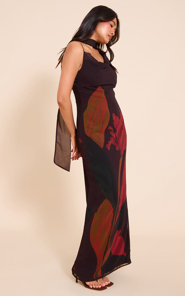 Black Floral Print Chiffon Scarf Maxi Dress