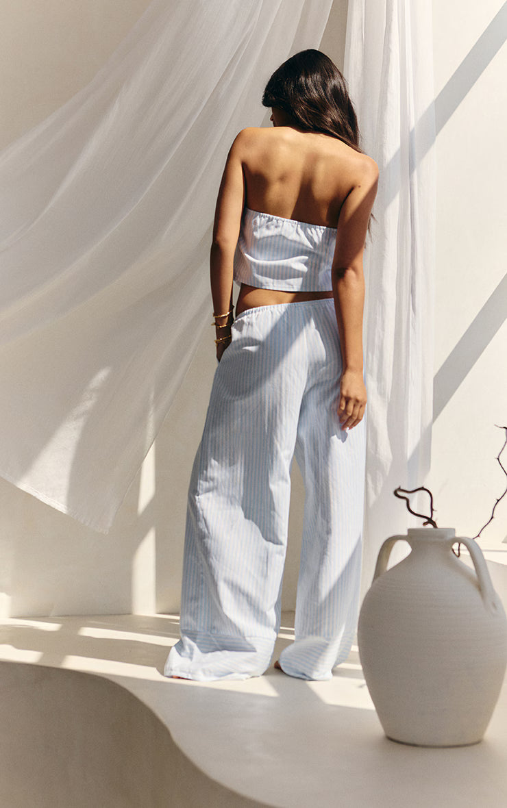 Blue Pinstriped Bandeau Dipped Hem Top