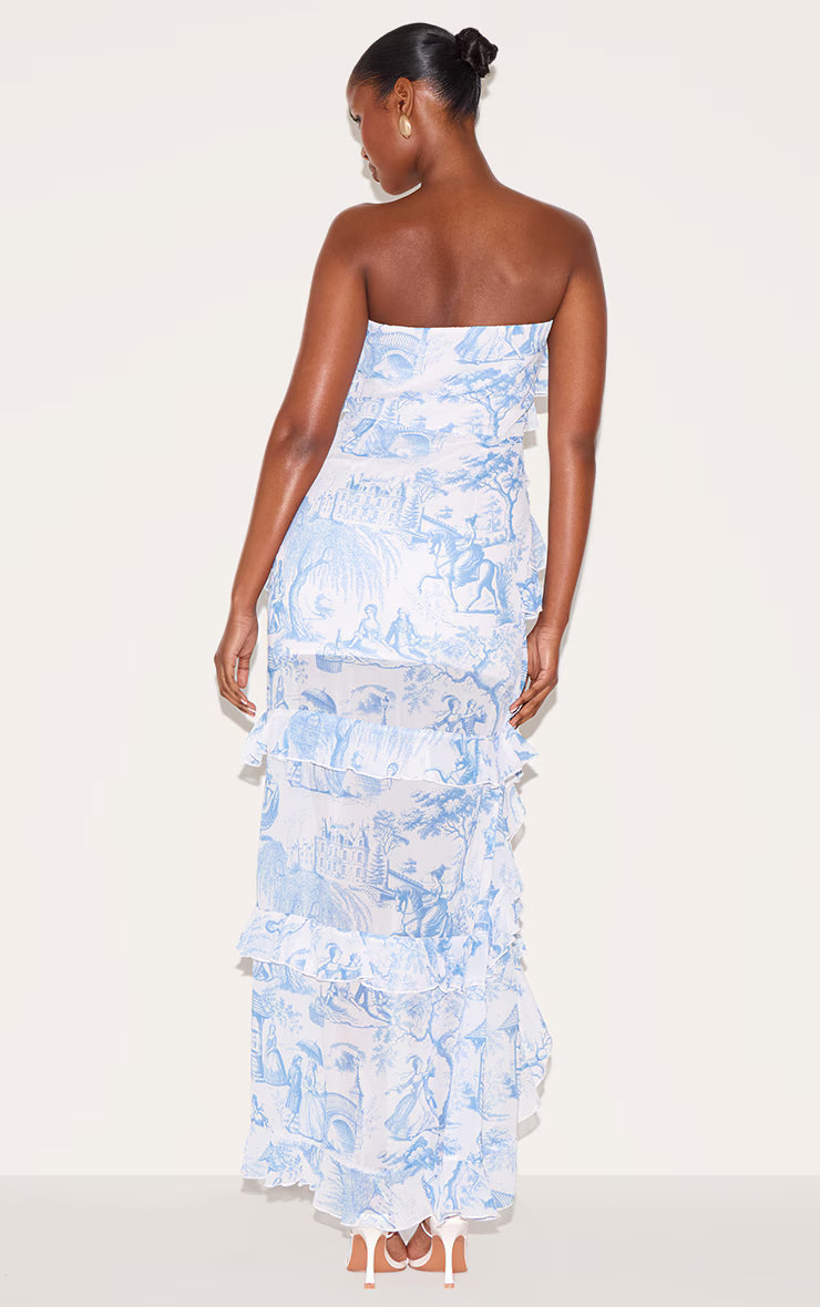 Blue Printed Ruffled Bandeau Maxi Dress