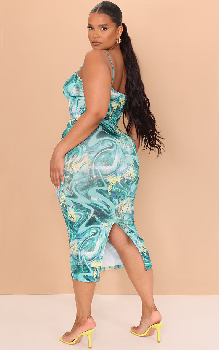 Plus Green Swirl Crinkle Rib Cup Detail Midi Dress