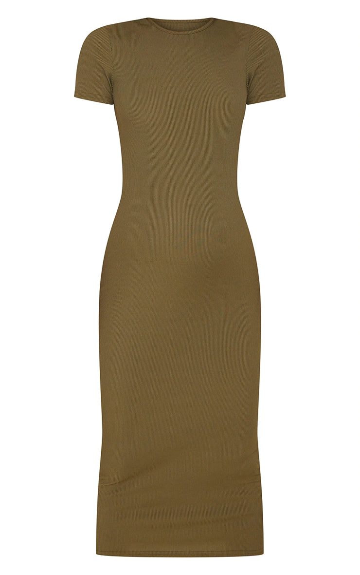 Maternity Khaki Ribbed Crew Neck Midi Dress