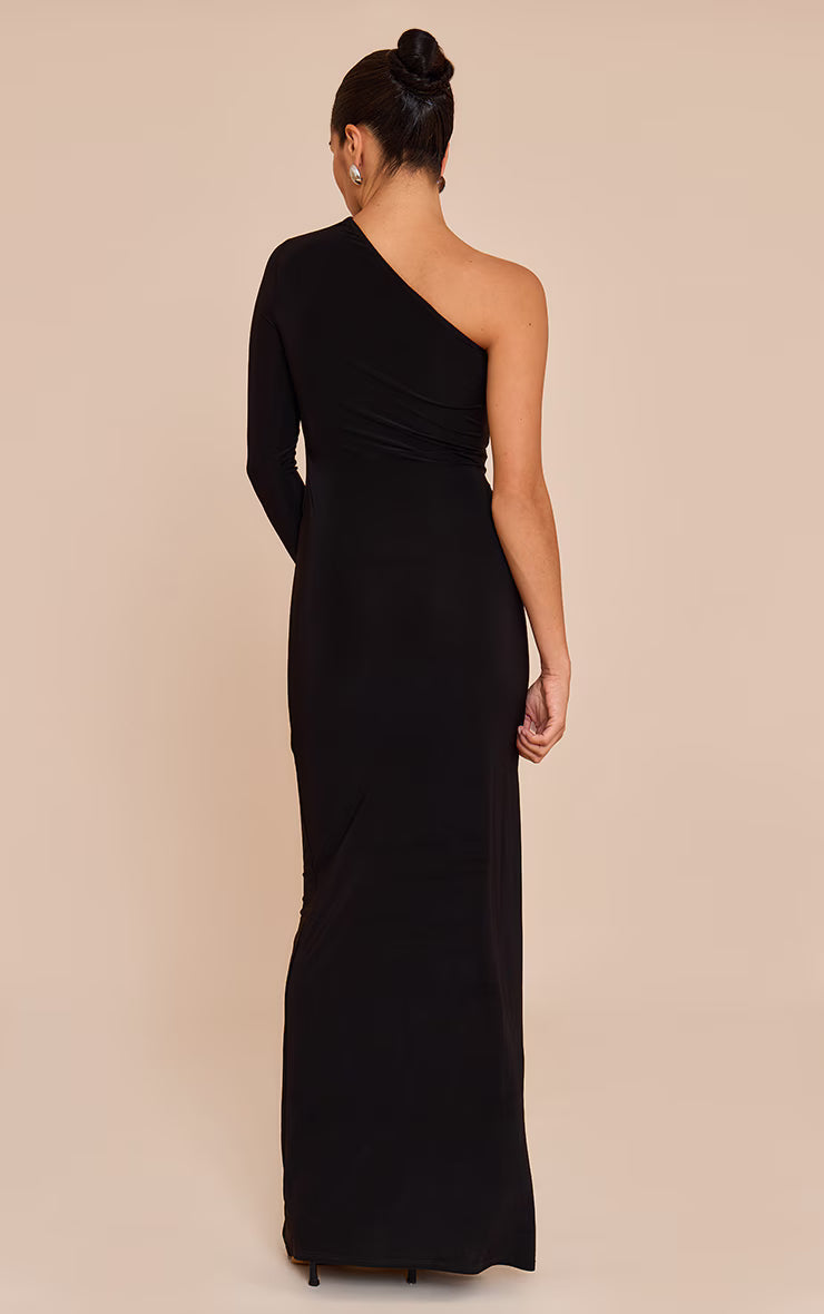 Petite Black One Shoulder Cut Out Ruched Maxi Dress
