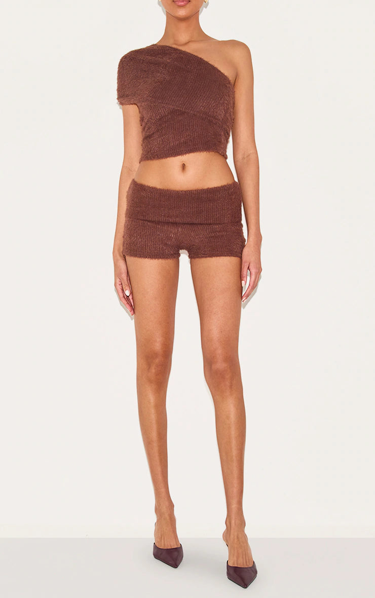 Chocolate Fluffy Textured Fold Over Hot Pants