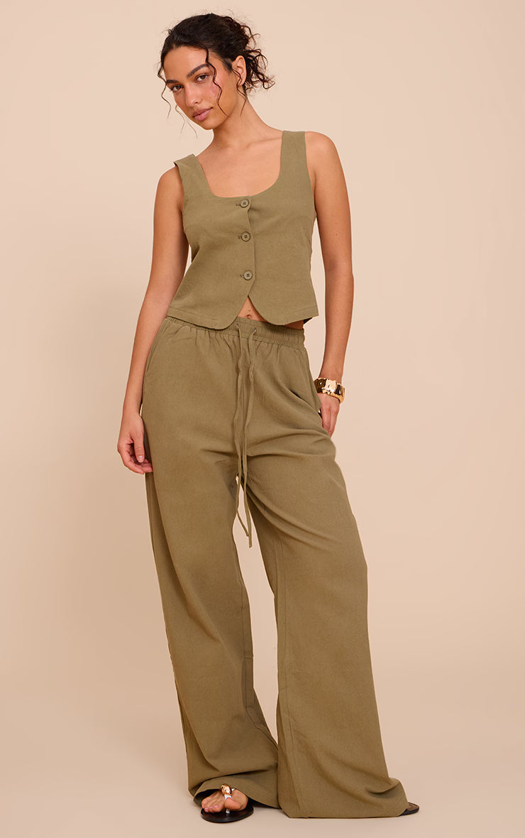 Khaki Tailored Linen Look Scoop Neck Fitted Vest