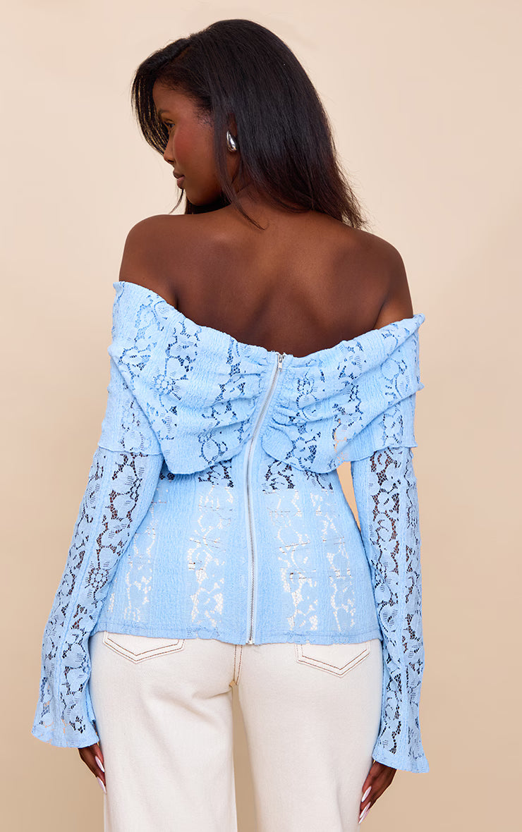 Sky Blue Fitted Lace Flared Sleeve Bardot Top