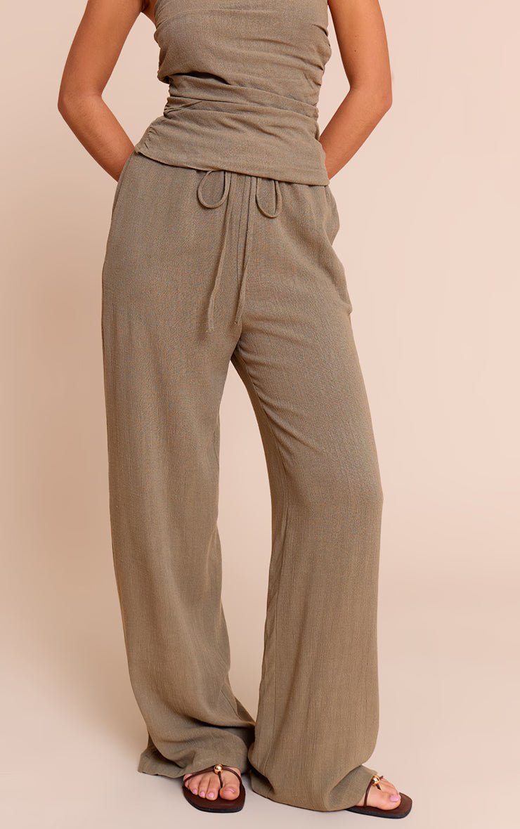 Khaki Textured Mid Rise Wide Leg Drawstring Pants