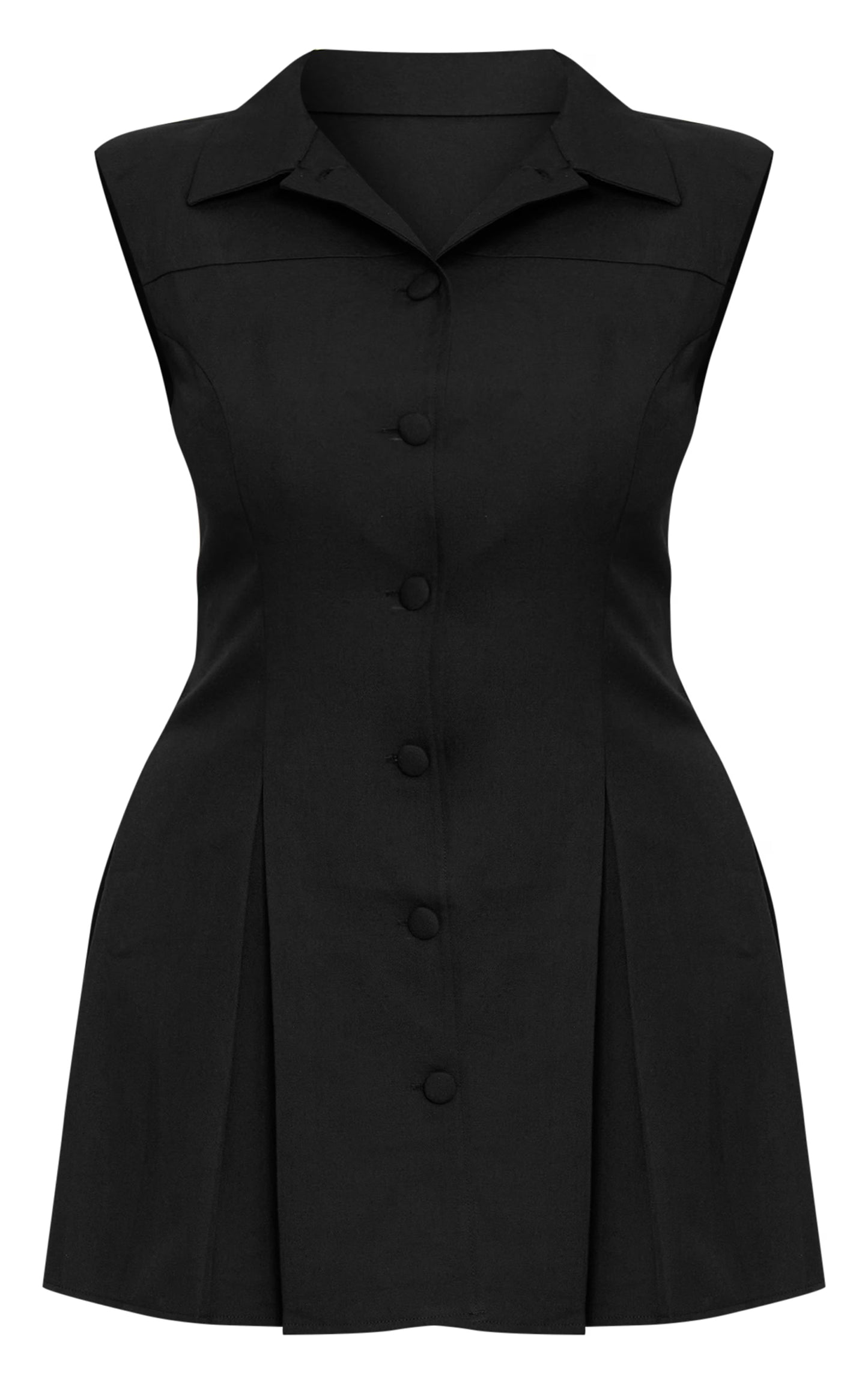 Shape Black Sleeveless Button Up Pleated Hem Shirt Dress