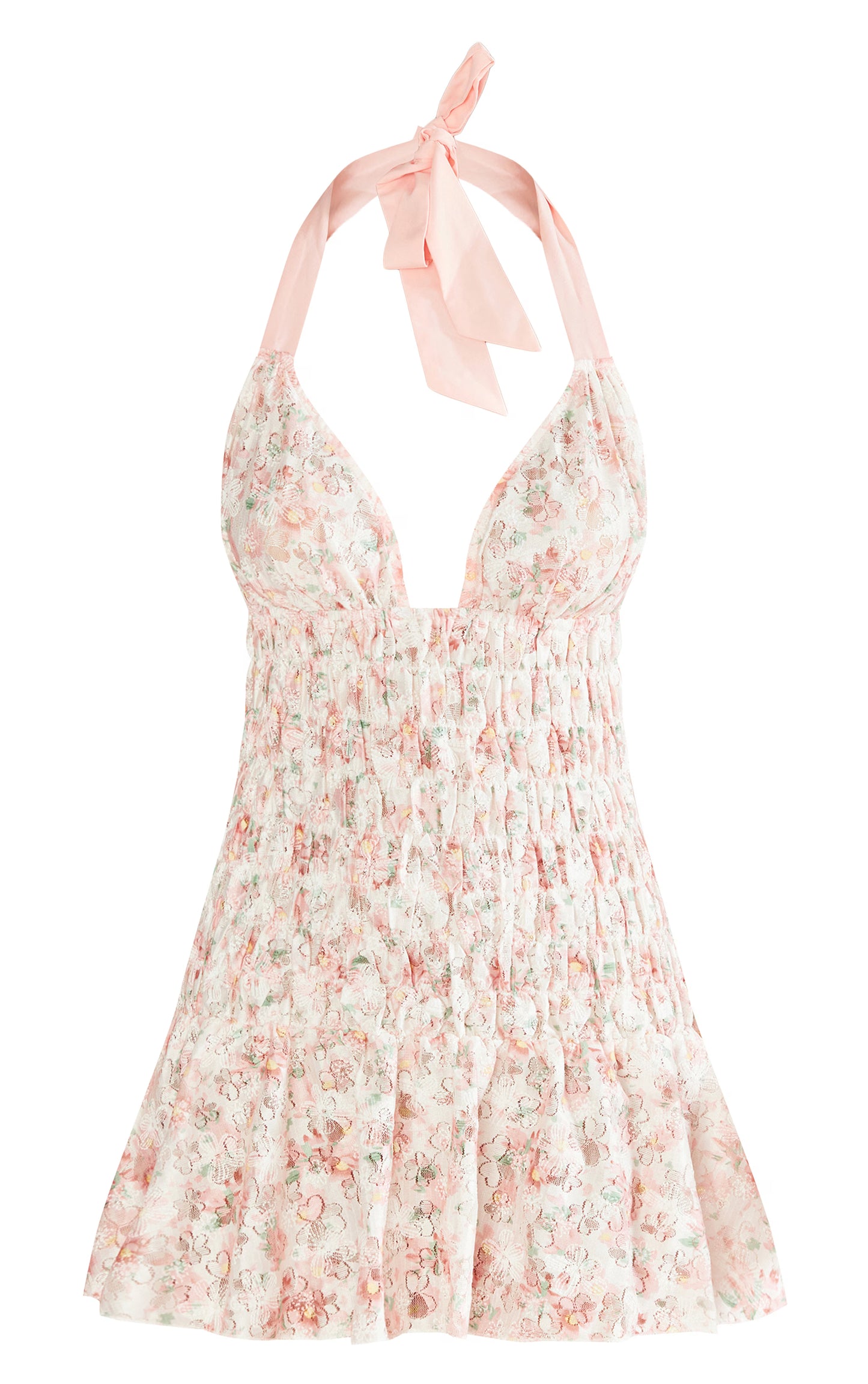 Pink Floral Textured Shirred Strappy Bodycon Dress