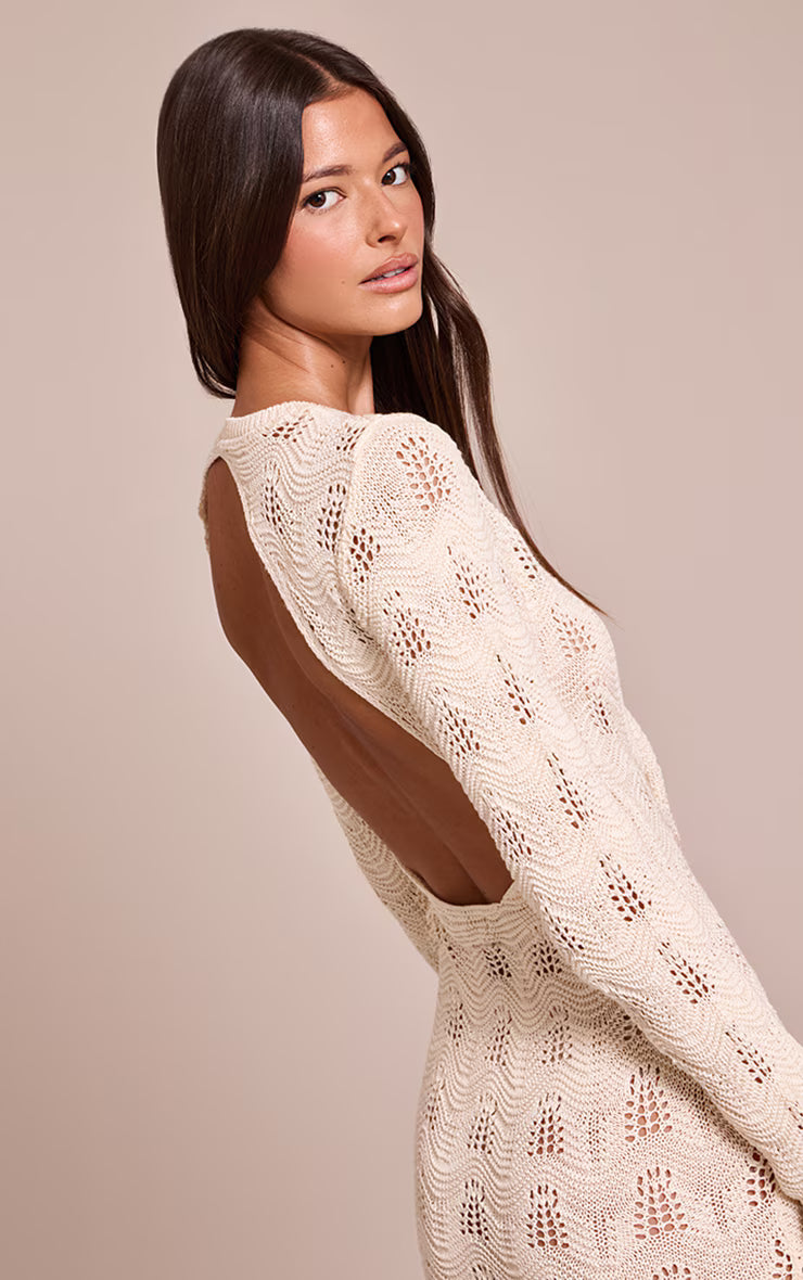 Cream Long Sleeve Backless Knitted Maxi Dress