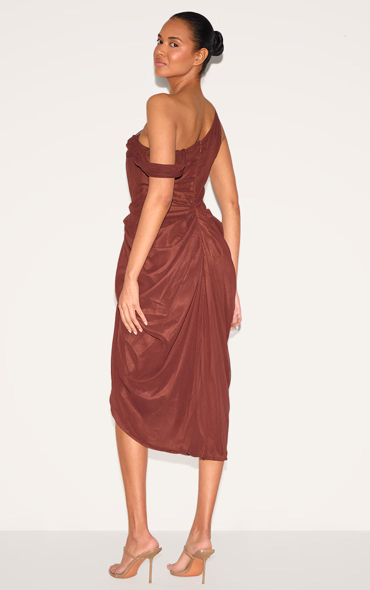 Chocolate Chiffon Asymmetric Strap Draped Midi Dress
