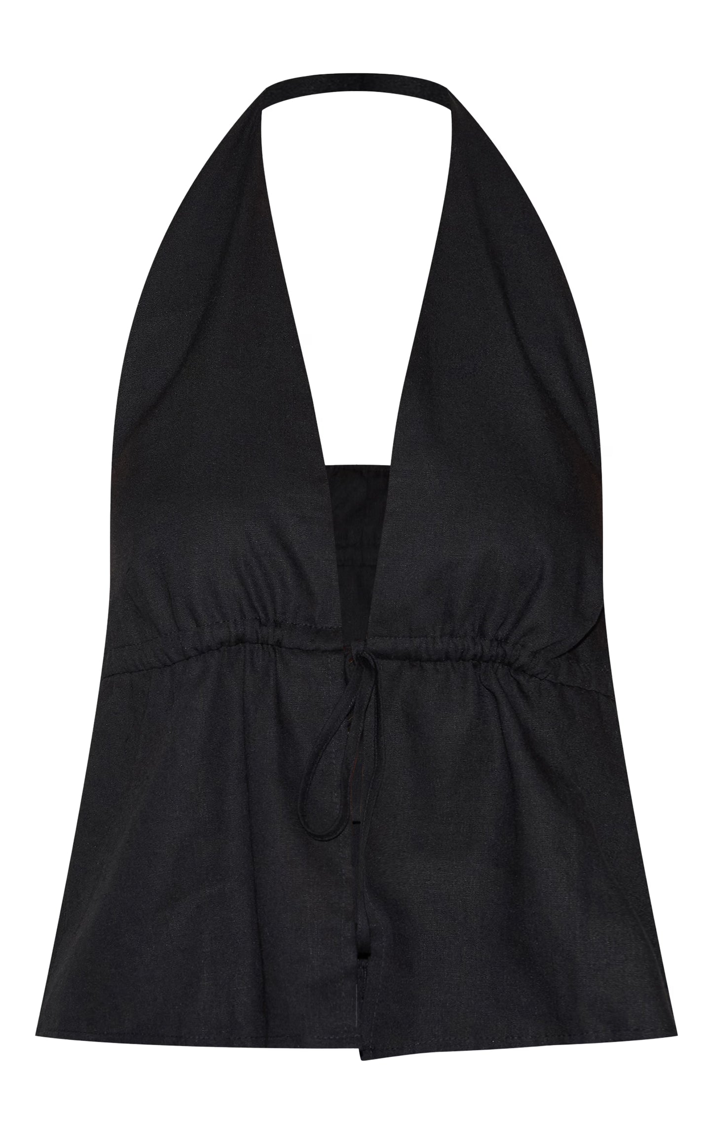 Black Linen Look Tie Waist Longline Top