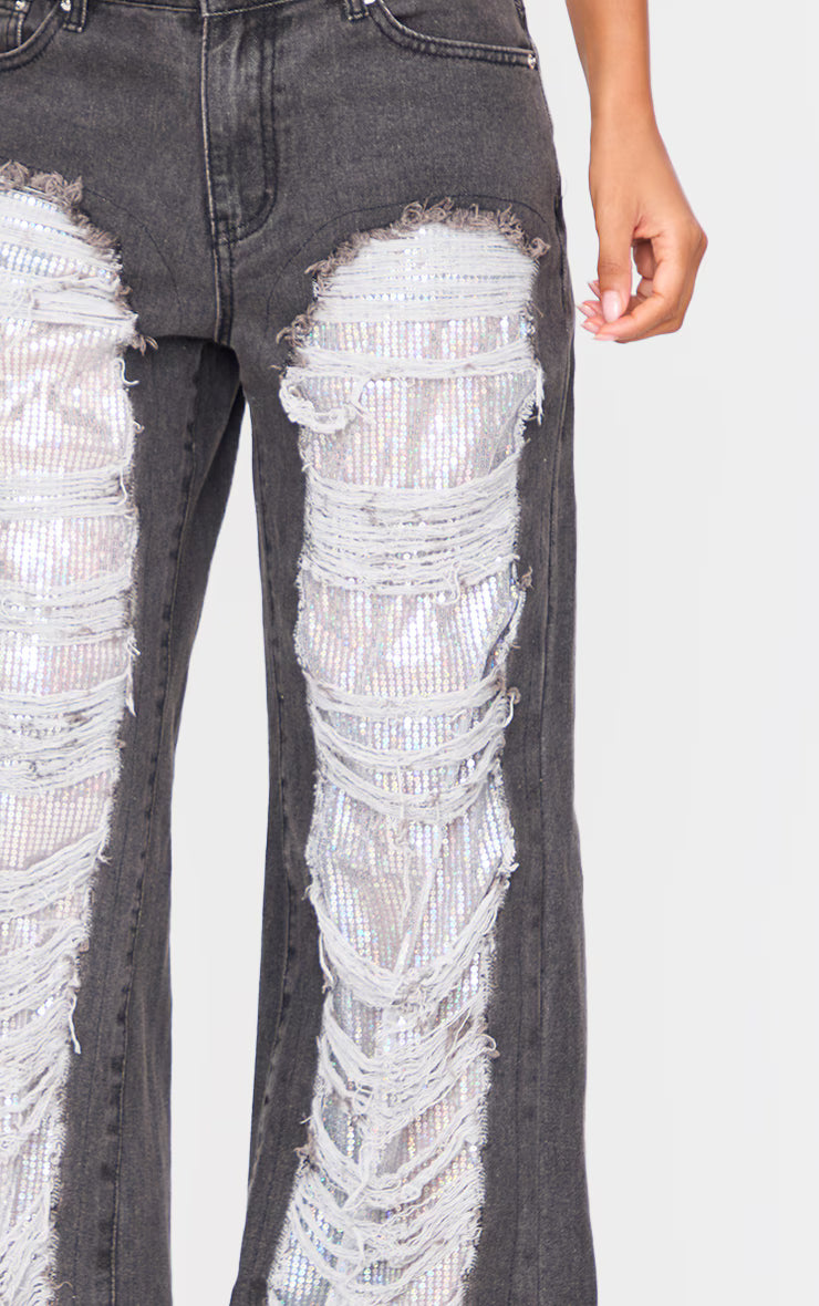 Washed Black Extreme Distressed Sequin Panel Straight Leg Jeans