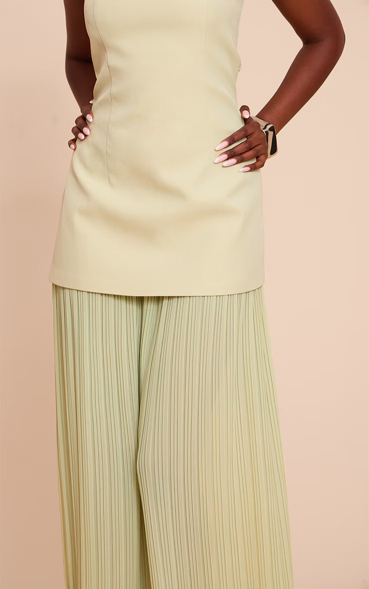 Sage Green Chiffon Pleated Skirt Panel Bandeau Maxi Dress
