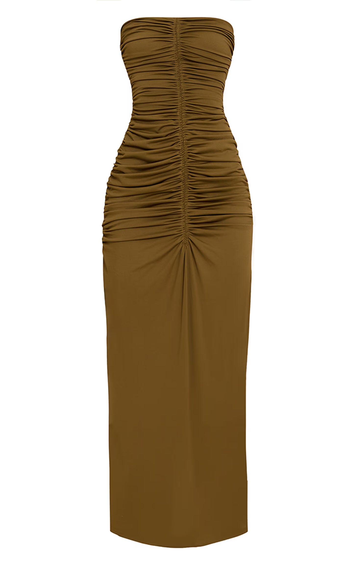 PLT Label Golden Olive Slinky Ruched Bandeau Fishtail Maxi Dress