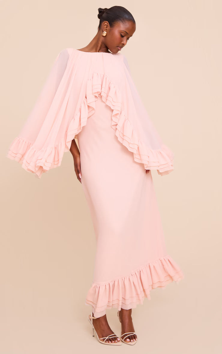 Blush Chiffon Extreme Overlay Frill Detail Maxi Dress