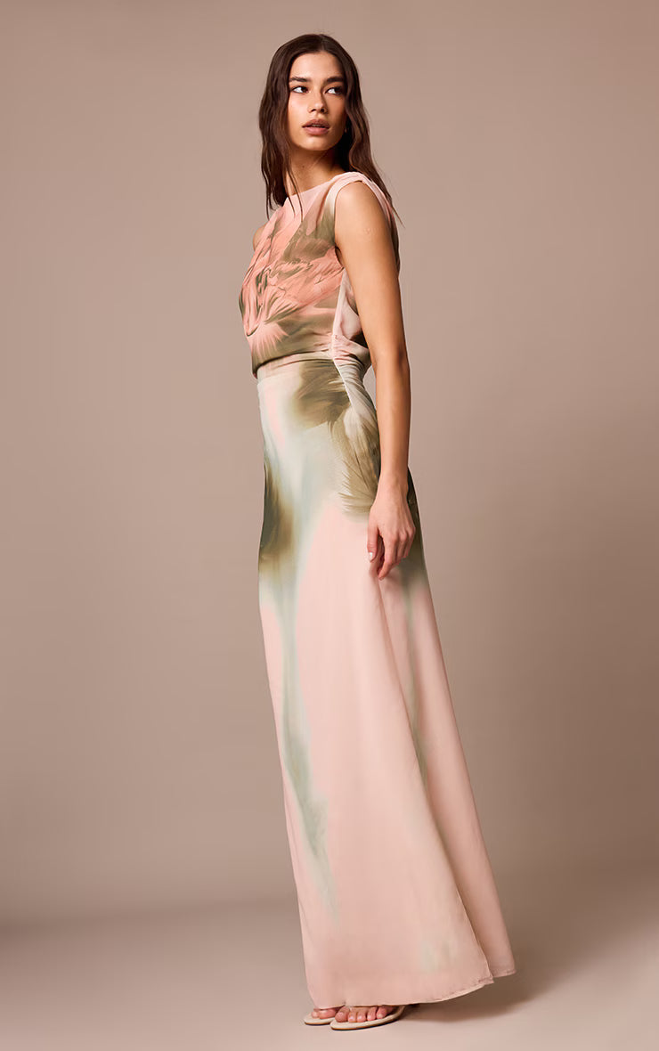 Dusty Pink Printed Floral Chiffon Ruched Maxi Dress